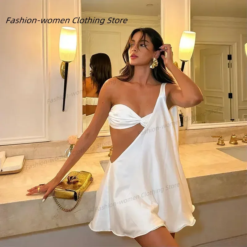 Women Off Shoulder Hollowed Out Mini Dress 2 Pics Set Sexy One Shoulder Vest Backless Satin Vestidos 2024 Party Club Beach Robe