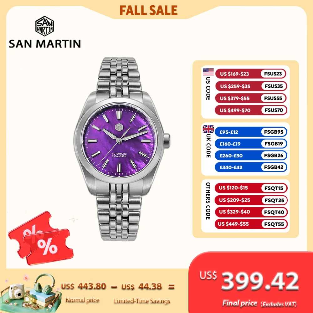 San Martin 39mm Miyota 90S5 MOP Dial Men GADA Wristwatch Automatic Watches Mechanical BGW-X1 10Bar Luminous SN0144GX-4/7