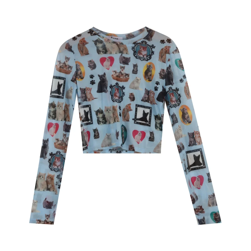 Oferta Especial: Camiseta Feminina de Malha com Estampa de Gato, Manga Curta e Longa, Fina, Proteção Solar, Gola Redonda, Est...