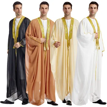 Eid Müslüman Erkekler Jubba Thobe Erkek Hırka Abaya Uzun Elbise İslam Ramazan Kimono Uzun Elbise Suudi Arapça Musulman Kaftan Dubai