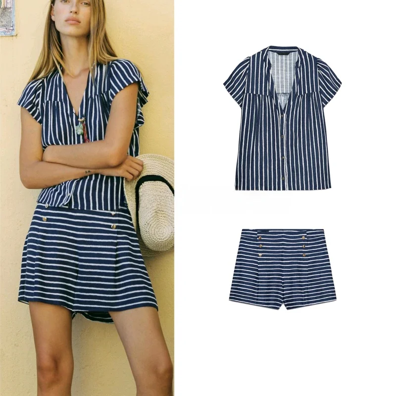 

Удобные льняные полосатые брюки V-Ne ort Sve irt, повседневные свободные брюки, комплект из двух предметов, летняя женская одежда Faion