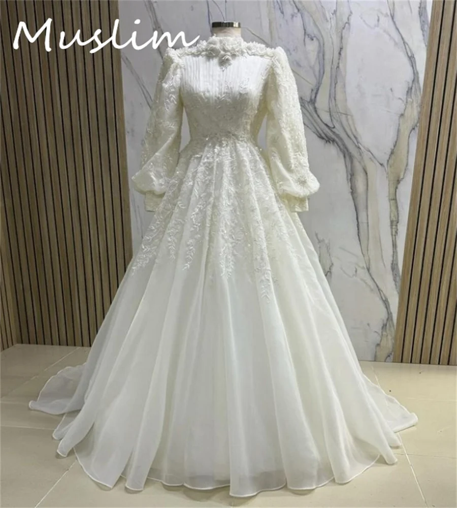 Exquisite Islamic Muslim Wedding Dress With 3D Florals Long Sleeve Bohemian Civil Bride Dress A Line Country Rustic Customized