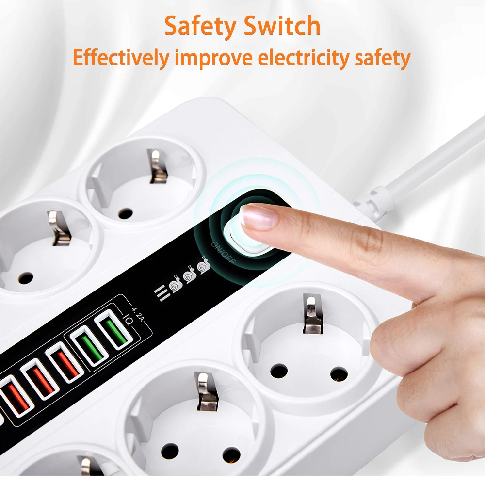 3000W EU Plug Strip Socket USB Power Strip USB Charge Station Adapter 6 AC Outlets Power Strip With Switch Extension Socket