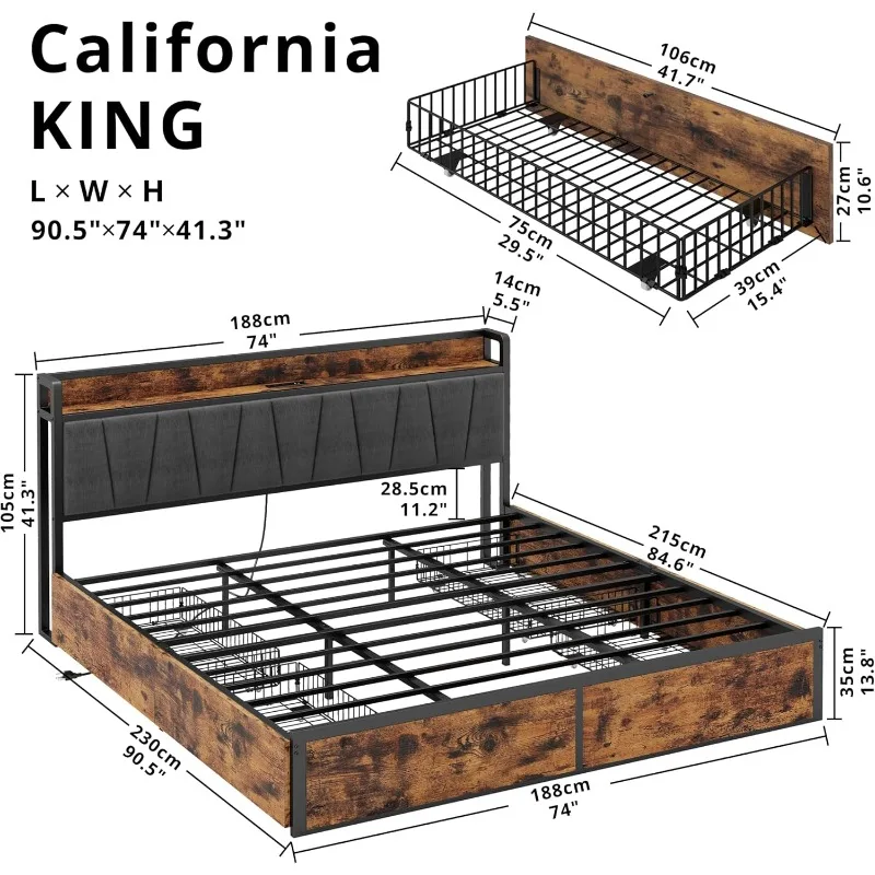 King Bed Frame with 4 Storage Drawers, Platform Bed with Charged Headboard, Sturdy and Stable, No Noise, No Box Spring Needed