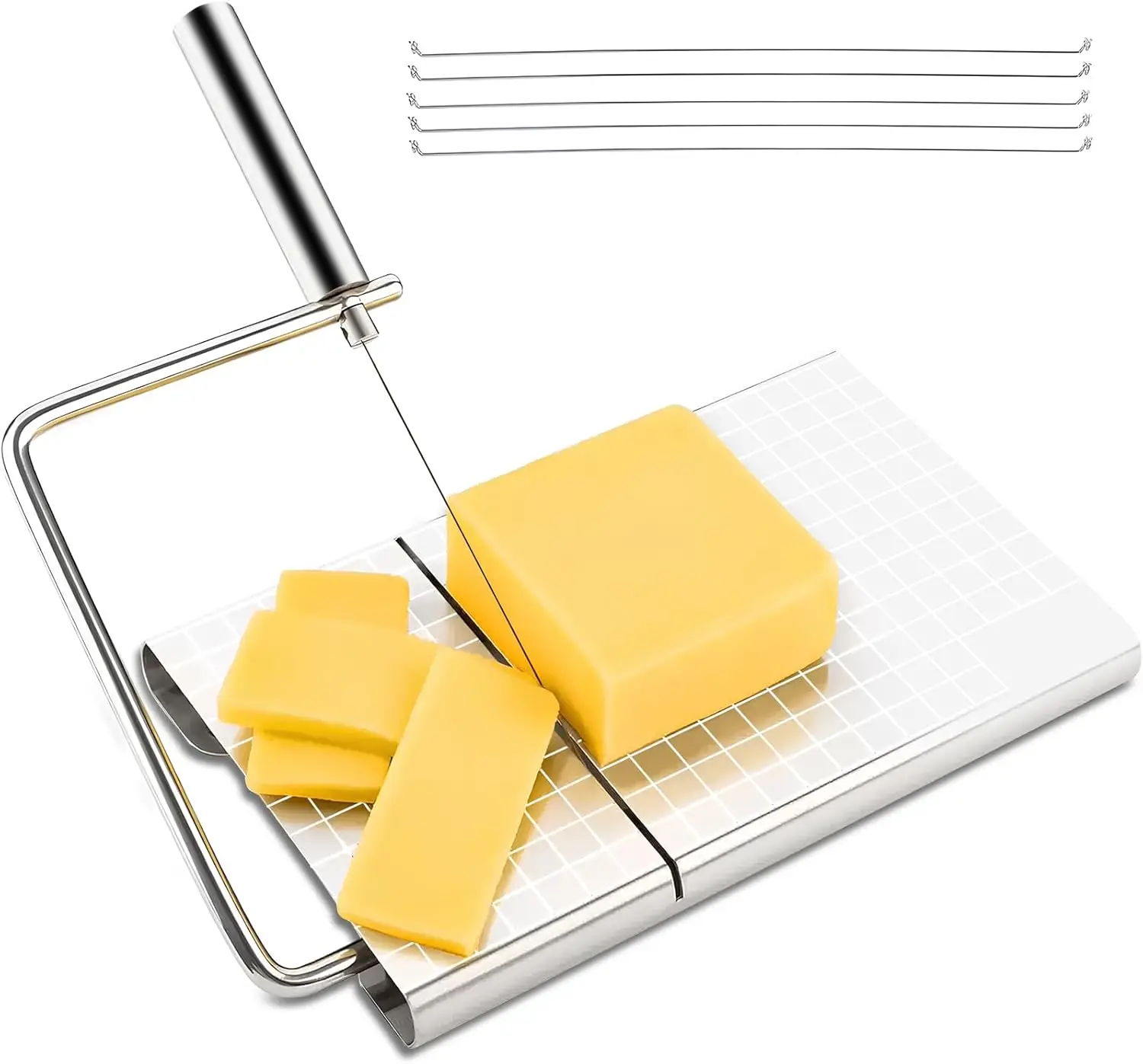 Rebanador de queso de acero inoxidable con 6 cables de repuesto, cortador de queso de Metal y tabla de cortar, accesorios de cocina para mantequilla y jamón