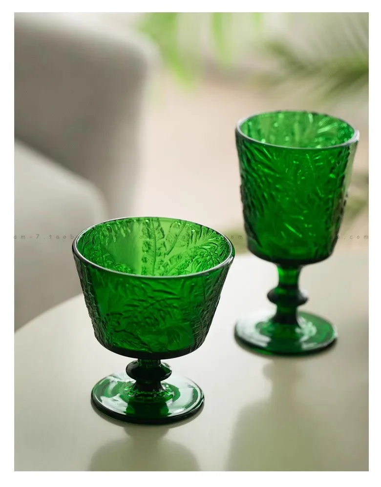 DEOUNY Vintage Embossed Green Glasses Goblet Heavy Thick Dessert Wine Glasses Goblets Stemware Side Water Whiskey Glass Cup