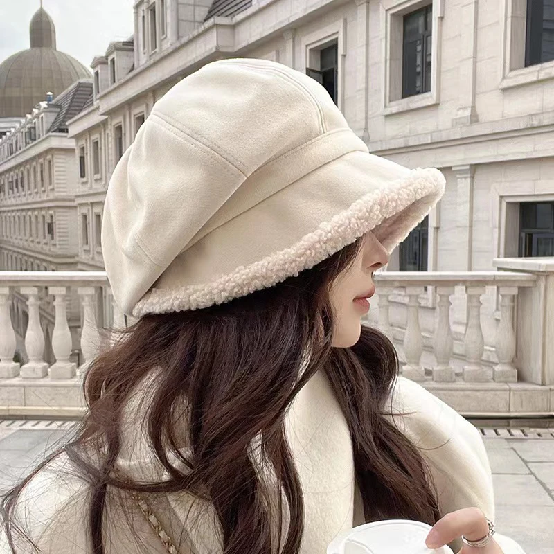 Lambs Wool Fisherman Hat Solid Color Thickened Plush Beret Autumn Winter Outdoor Windproof Warm Panama Cap Fashion Accessories