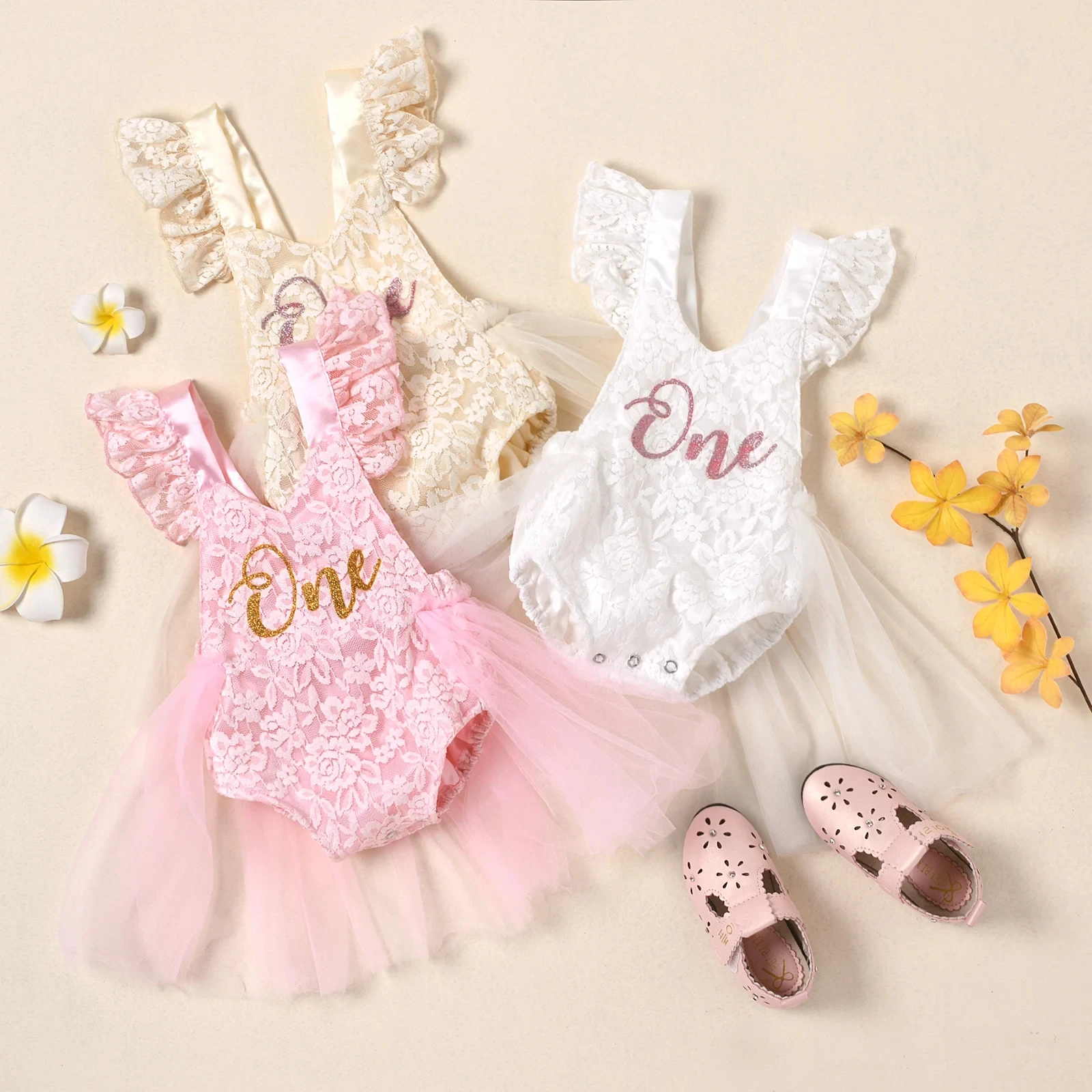 Baby Girls First Birthday Party Lace Dress Cute Sleeveless Letter Print Jumpsuits Infant Tutu Dresses Baby Girls Baptism Clothes