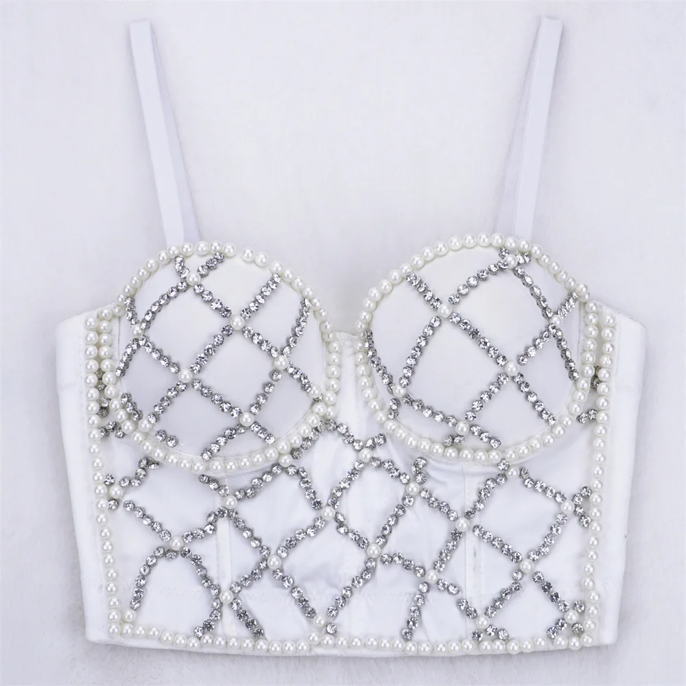 

Fashion Nightclub Sexy Popular Denim Tube Top with Chest Pad Shaping Beauty Back Beaded Camisole Women's