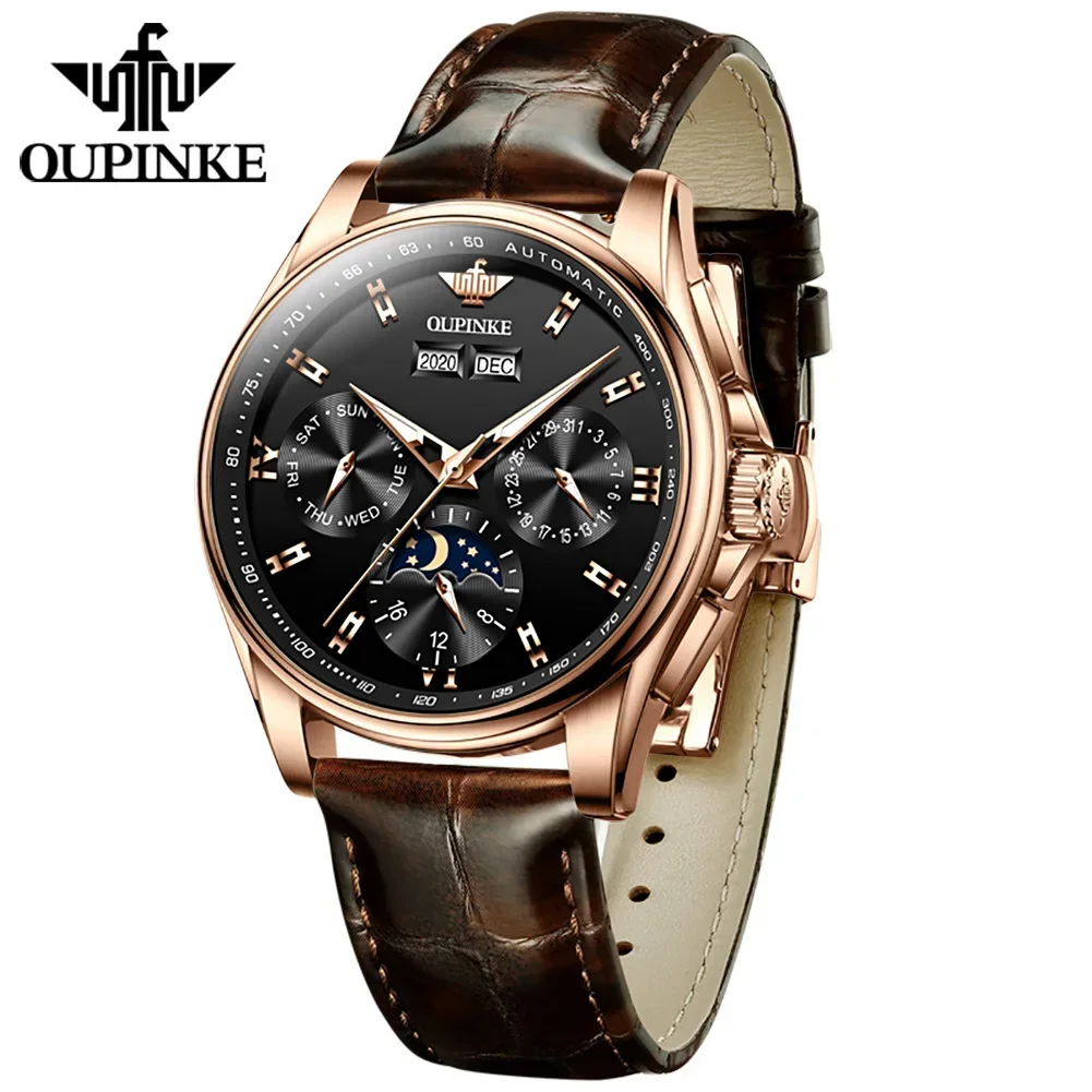 

OUPINKE 3189 Top Brand Luxury Watch For Men Chronograph Automatic Mechanical Wristwatch Leather Band Waterproof Moon Phase Clock