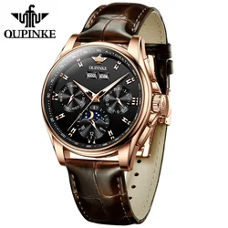 OUPINKE-Reloj de pulsera mecánico automático para hombre, cronógrafo de lujo, correa de cuero, resistente al agua, fase lunar, 3189