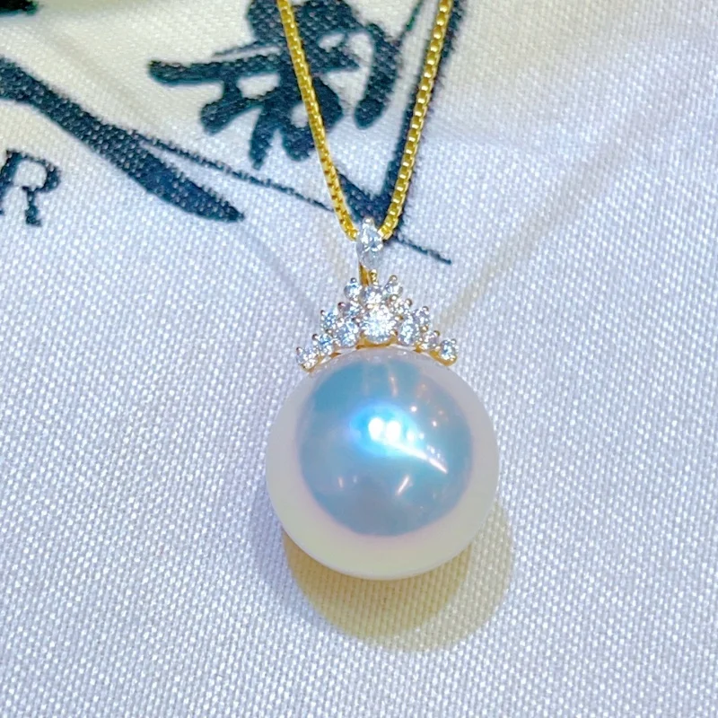 SGARIT Jewelry Natural Edison Pearl 18K Yellow Gold Inlay Strong Light Large White 13-14mm Ice and Snow Queen Pendant