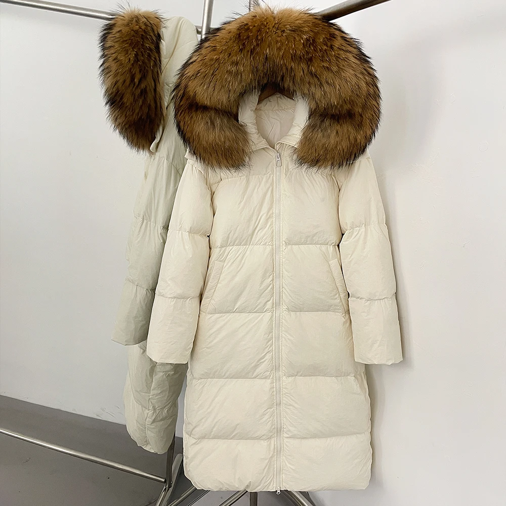 Women's Long Down Jacket with Natural Fur Collar Winter Warm Hooded Slim Fit Coat Lightweight Thermal Windproof Outdoor Overcoat view 2