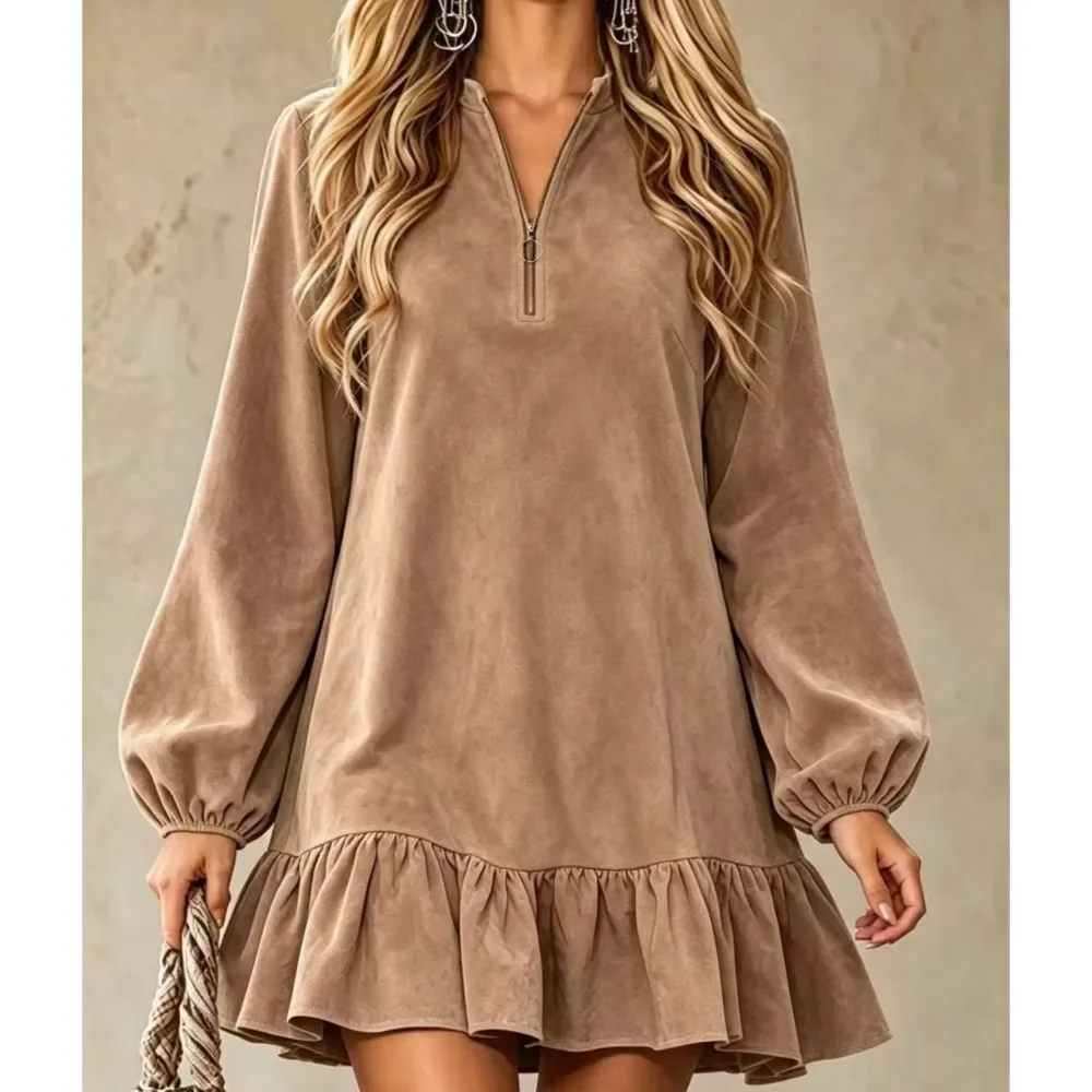 Loose Dress Autumn Winter Fashion Simple Solid Color Street Style Lantern Sleeves Half Open Collar Lace Short A-line Dresses