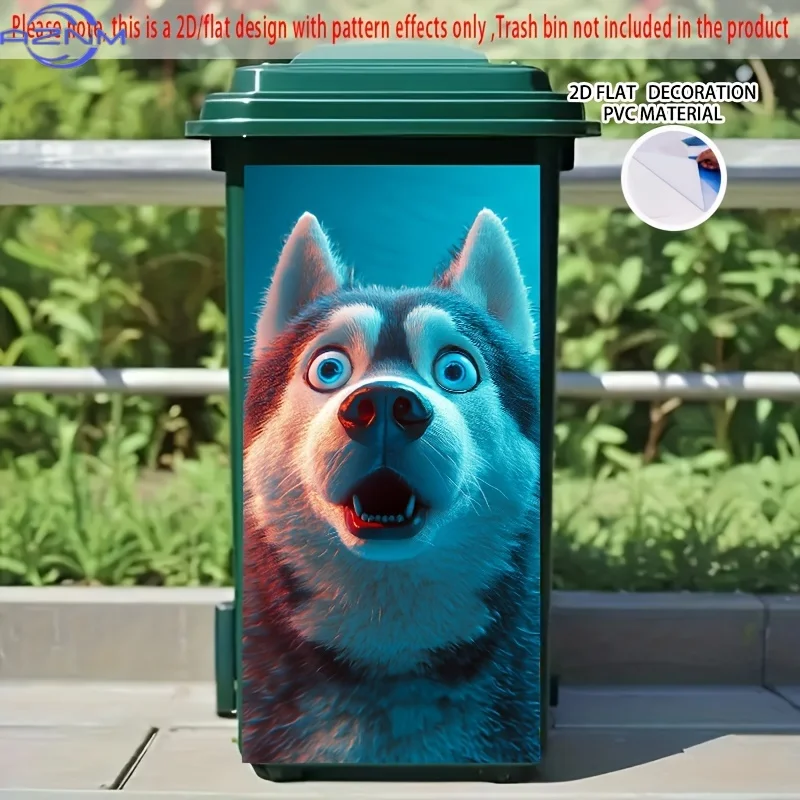 1pc Surprised Husky Blue-Red Lighting 2D Flat Self-Adhesive Dustbin Sticker - x cm PVC Decorative Art for Trash Cans, Walls, K