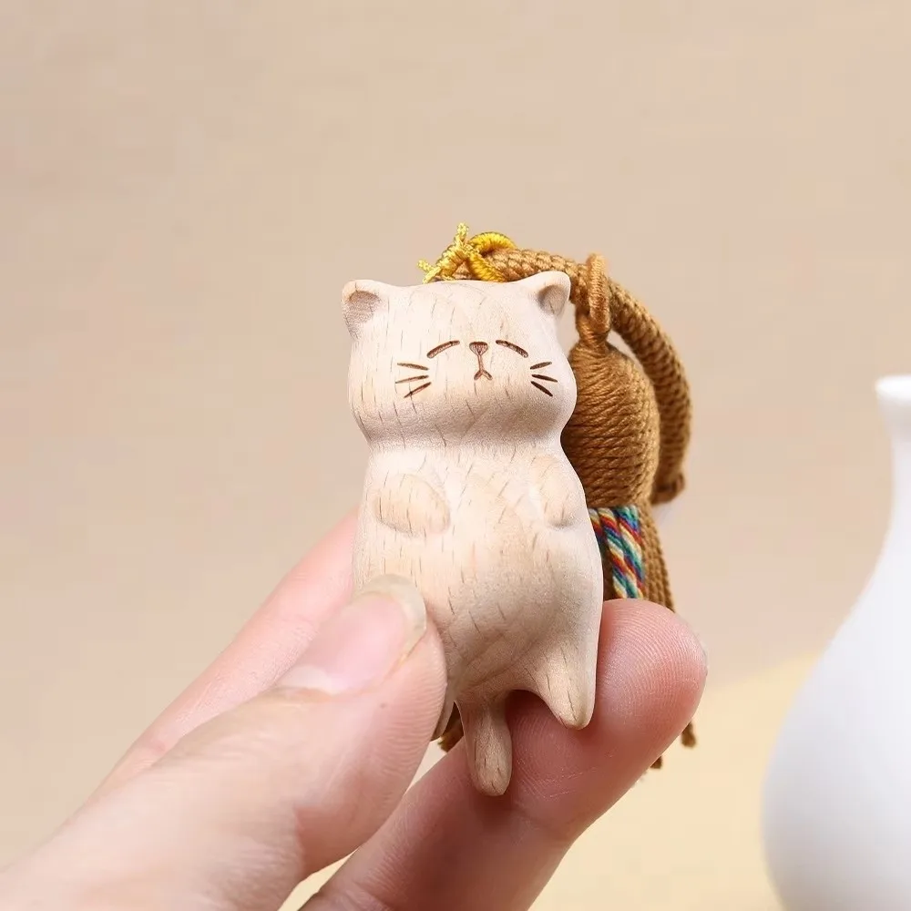 Retro Tassel Handcrafted Wooden Cat Pendant Bags Decoration Wooden Material Cat Keychain Money Catching Cat Bag Pendant