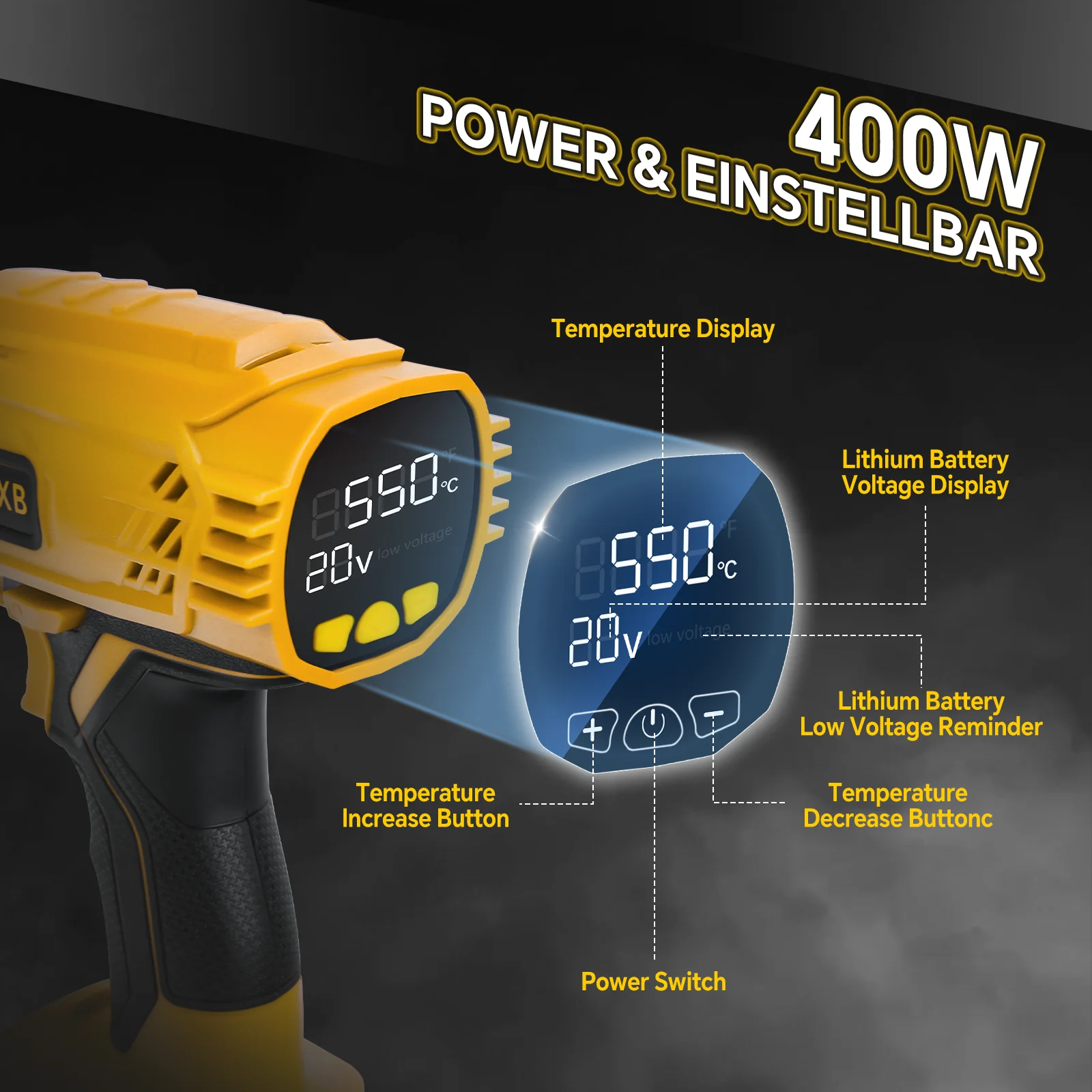 مسدس حراري لاسلكي 400 وات لبطارية ديوالت 20 فولت 50 ℃ -550 ℃   مسدس هواء ساخن للتحكم في درجة الحرارة المتغيرة والتدفئة السريعة (بدون بطارية)
