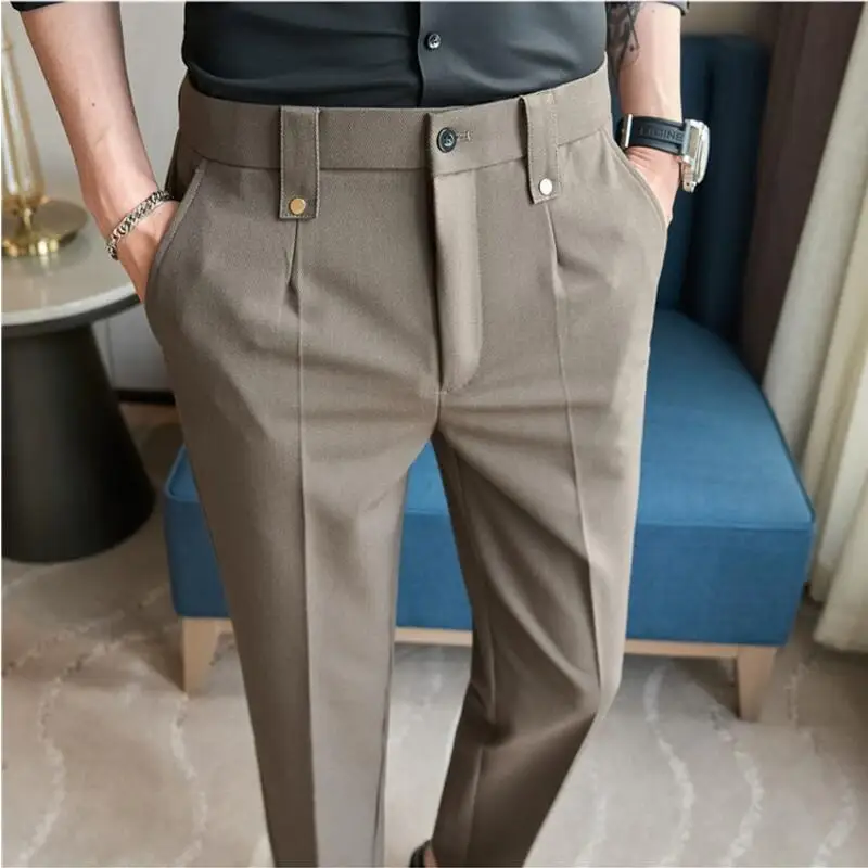 Plus size 40 38 Summer New Stretchable Waist Suit Pants Men Solid Korean Slim Fit Social Wedding Party Trousers Streetwear Homme