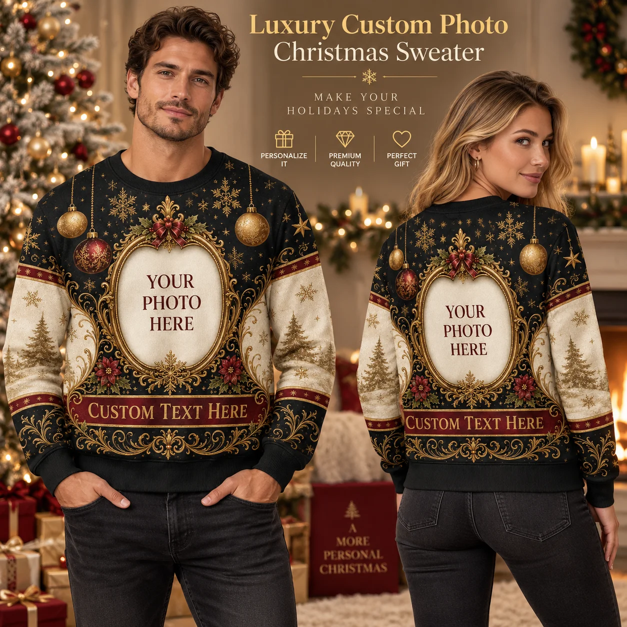 Hot Luxury Custom Photo Ugly Christmas Sweater, Elegant Personalized Holiday Sweaters with Gold Frame Christmas Gift Designs