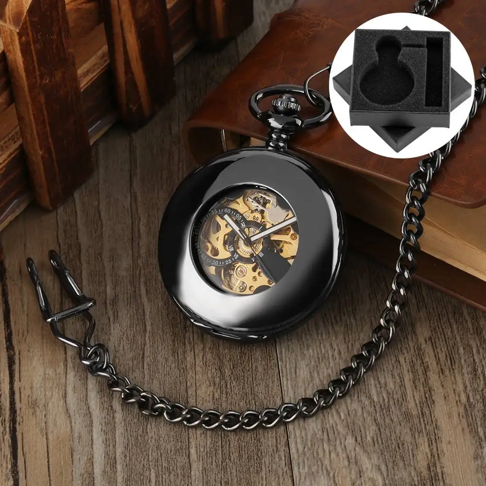 Retro Smooth Black Hollow Mechanical Self Winding Pocket Watch Roman Numerals Dial Luxury Vintage Fob Chain Pendant Pocket Clock