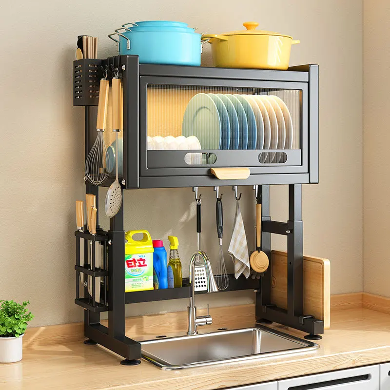 Thickened Sink Storage Rack Adjustable Dustproof Dish Shelf Stable Kitchen Organizer  Multi-Purpose Draining Rack
