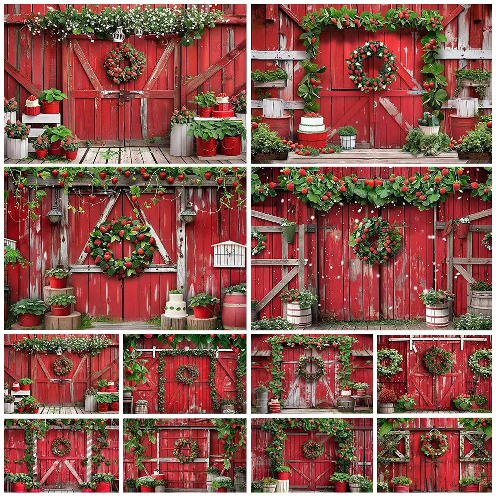 

Mocsicka Adult Kid Photography Background Red Wooden Door Green Leaves Strawberry Family Portrait Photo Backdrop Photocall Props