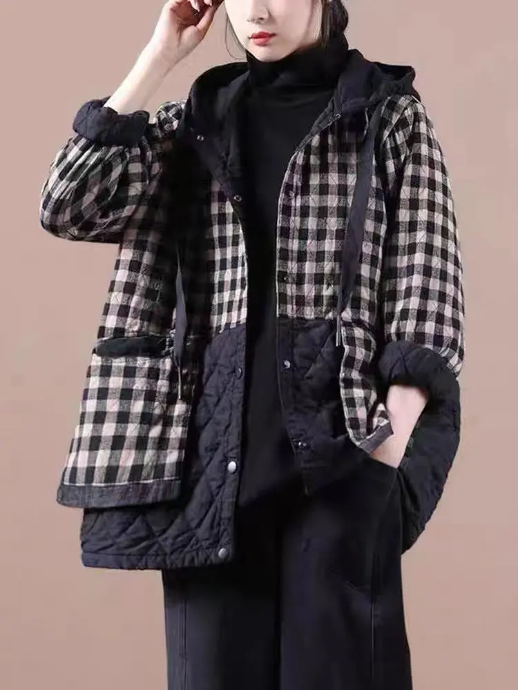 سترة قطنية سميكة للنساء لفصلي الخريف والشتاء، معطف مربعات بأزرار، تصميم عصري فني بأكمام طويلة وغطاء للرأس