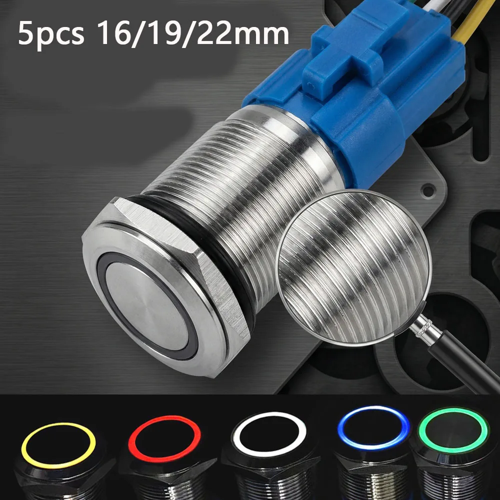 

5pcs Metal Push Button Waterproof Switch 16mm 19mm 22mm Car Engine Power Supply Momentary Latching Led Light Red Blue 5V 12V