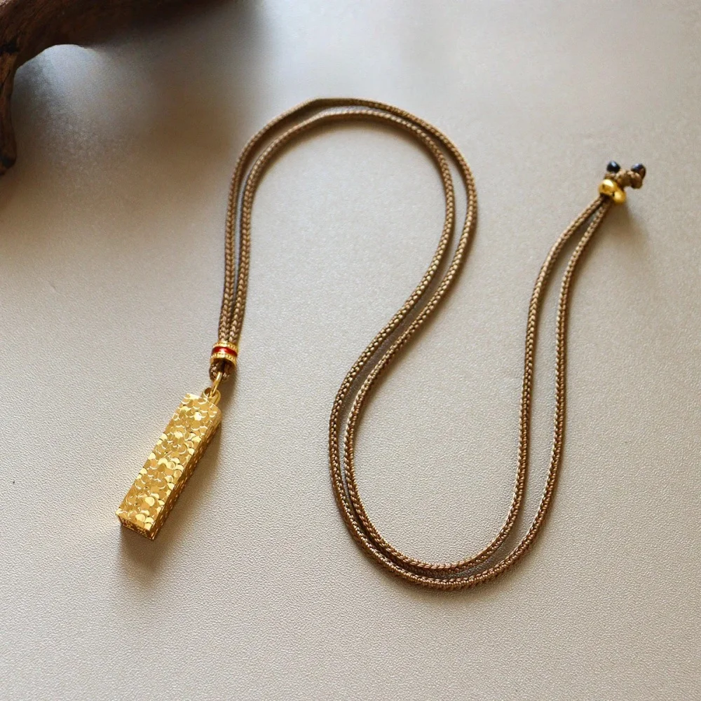 New Chinese Style Rectangle Pendant Necklace, Minimalist Wealth Lucky Jewelry Adjustable Braided Cord Necklace for Women