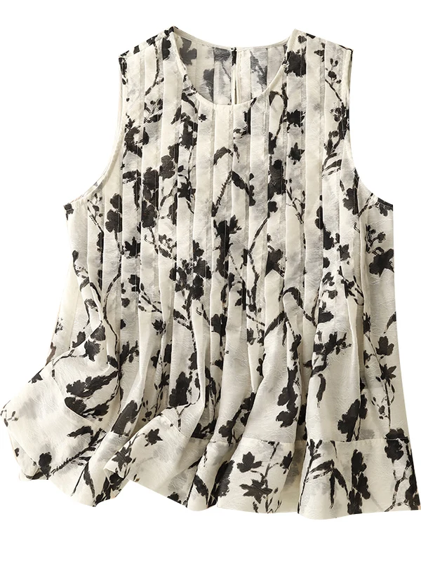 قميص نسائي صيفي جديد 2025 بدون أكمام بياقة دائرية وتصميم فني بالحبر، فضفاض وقصير، يمنح مظهراً نحيفاً، مناسب للارتداء اليومي