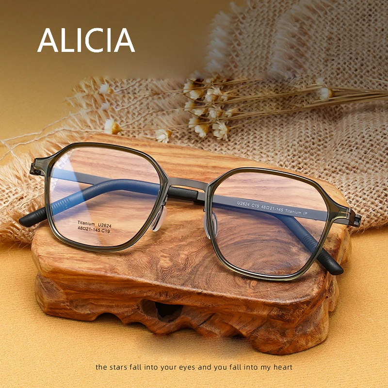 ALICIA Fashion Retro Eyeglasses Ultra light Pure Titanium Spectacle Polygon Optical Prescription Eyeglasses Frames Man Woman