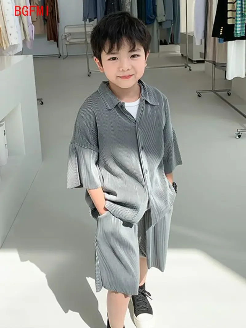 Summer korean Teenagers Boys Thin Ribbed Loose Clothes Set Shirt+Shorts 2PCS Casual Short Sleeve Children's Sets 2-12Y