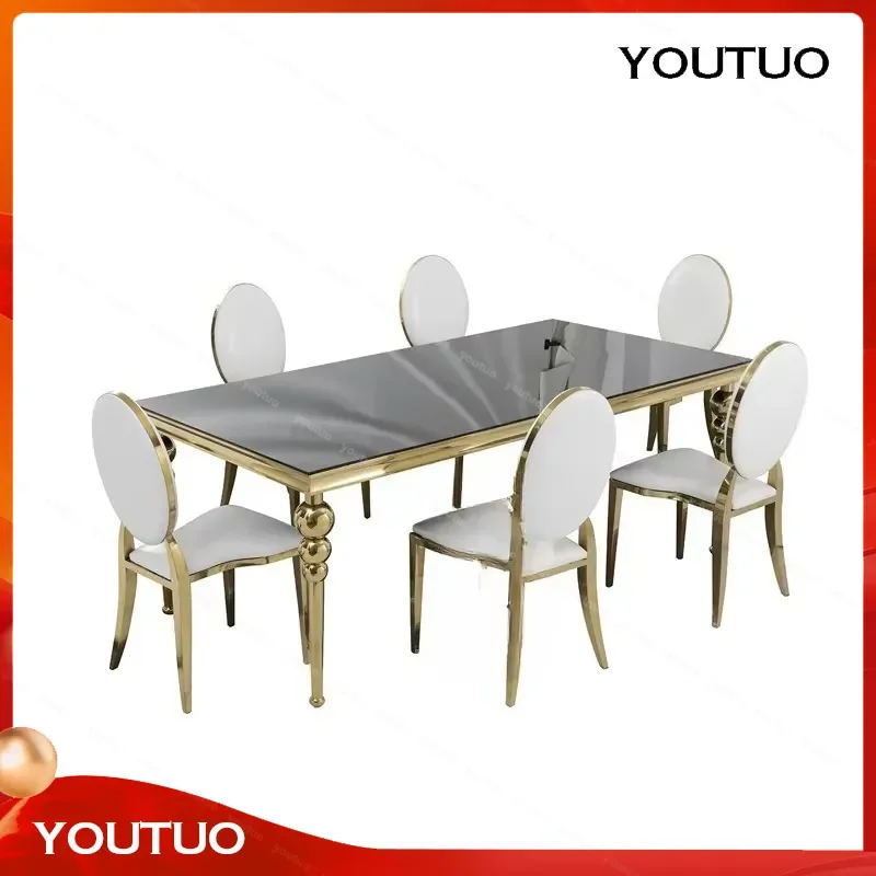 for Wedding Rental Stainless Steel Long Table Round Table with Glass Marble Countertop Home Decor Furniture