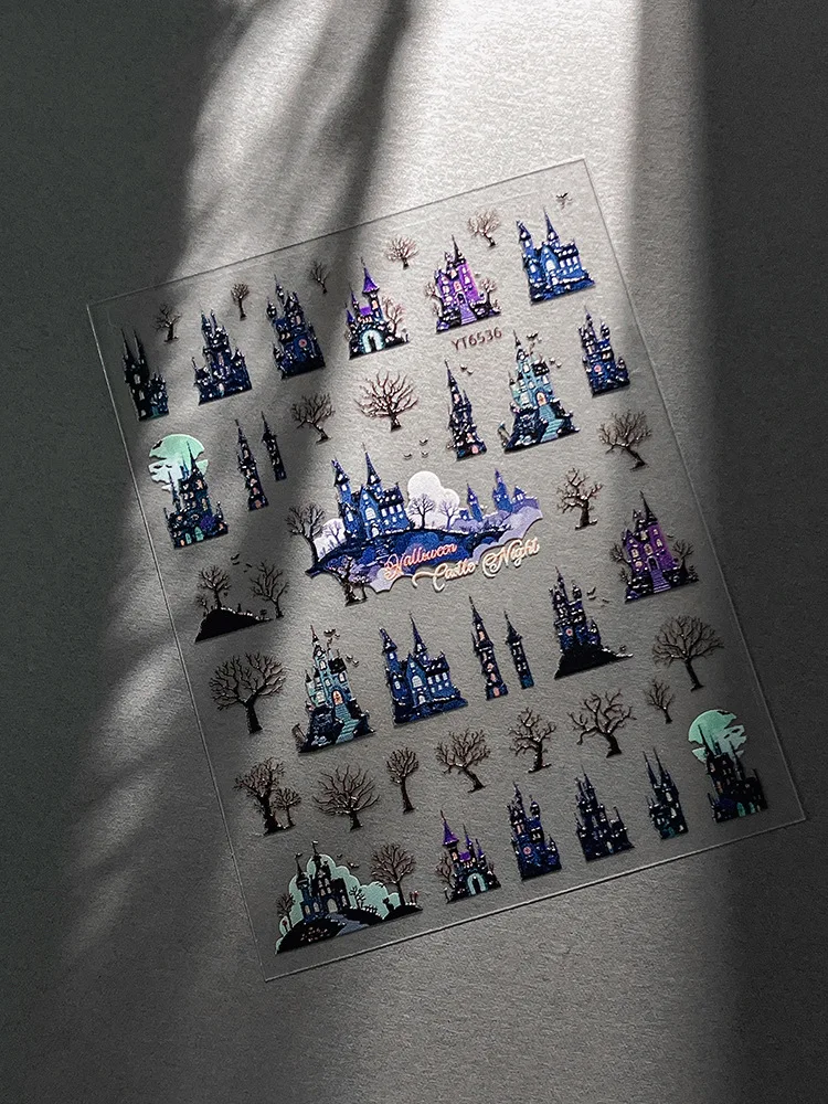 1Pc Gothic Castle&Dark Fantasy Nail Art Sticker Self Adhesive Texture with 3D-like Medieval Castles Bats Moons&Crowns for Women