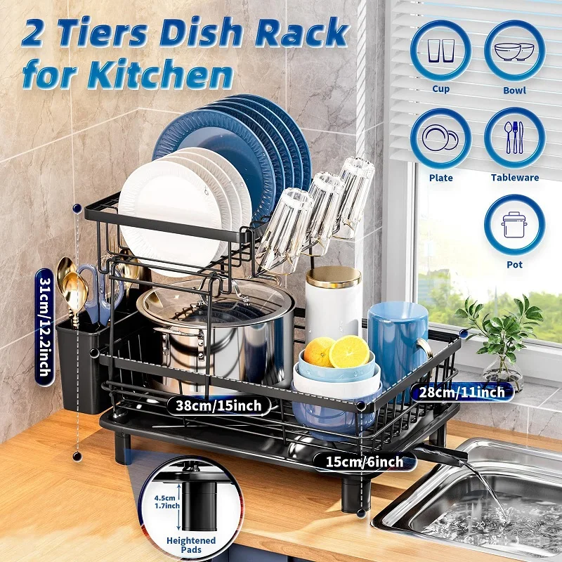 Kitchen Organizer Dish Drying Rack Two Tier Shelf Countertop Cutlery Storage Cup Holder Knife Fork Holder Tableware Organizer