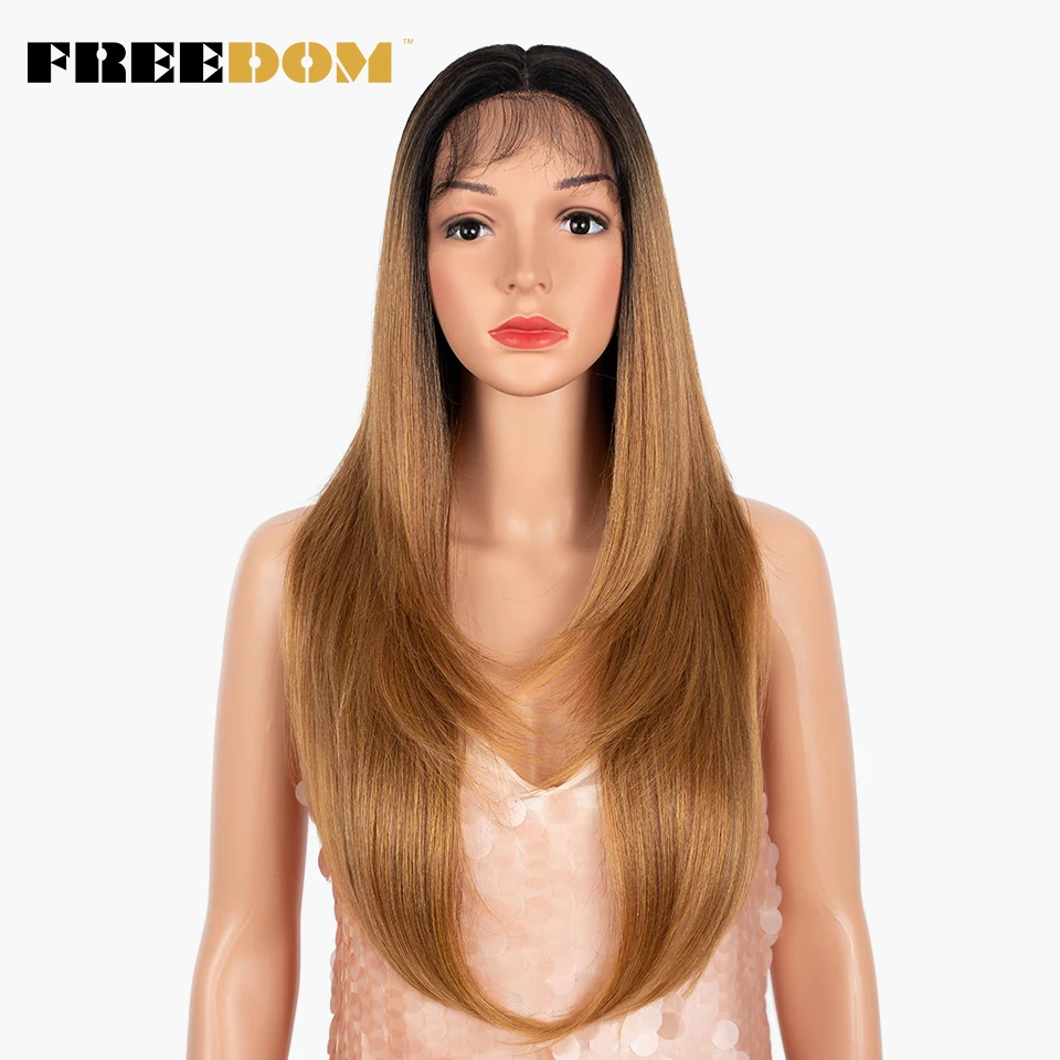 FREEDOM Synthetic Lace Wig 26 inch Middle Part Long Straight Lace Front Wigs Ombre Pink Blonde Wigs For Black Women Cosplay Wigs