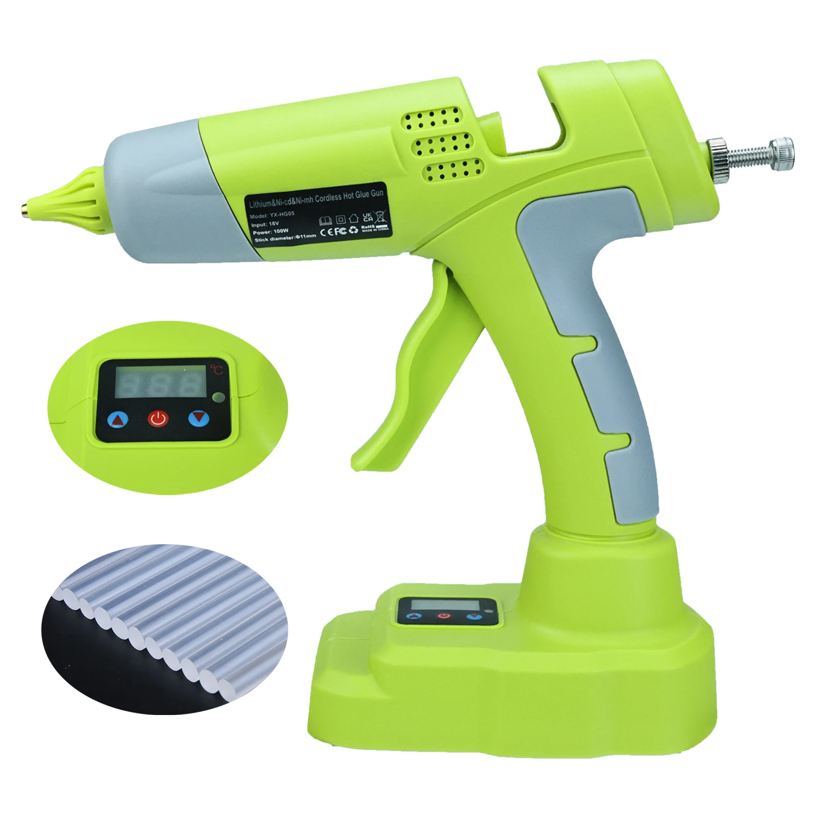 

100W Cordless Hot Melt Glue Gun with 10pcs 11mm Sticks Repair DIY Tool Set Power Tool Glue Gun for Ryobi 18V Battery