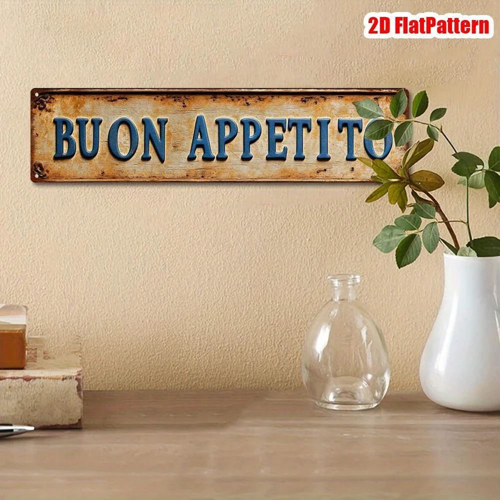 2D Flat, 1pc Italian "BUON APPETITO" Vintage Metal Sign - Large Distressed Rustic Italian Wall Decor with Italian Phrase, Italia image 6