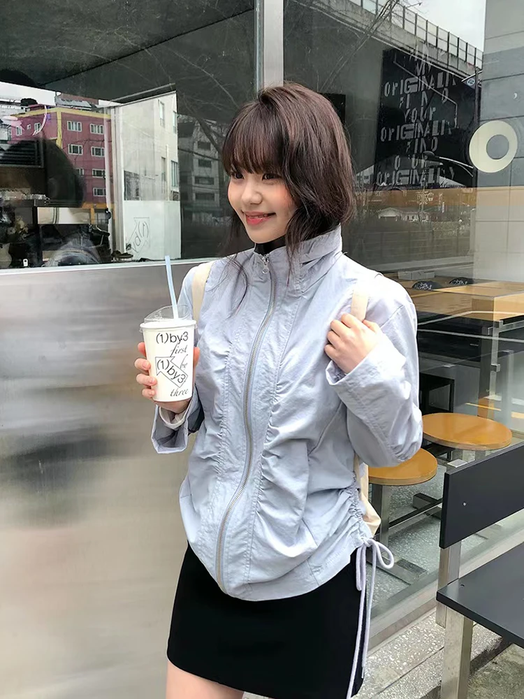 

Summer Design ort Stand Collar Women's Sun Protection Jaet Thin Zipper Top Gored Side Dstring Loose Fit Regular Length