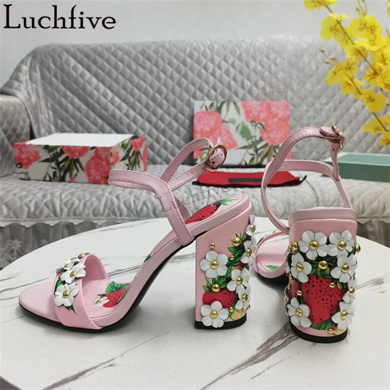 

2023 New Flower Fairy Chunky High Heel Sandals Women Summer Luxury Slingback Shoes Woman Bohemia Dress Party Shoes Zapatos Mujer