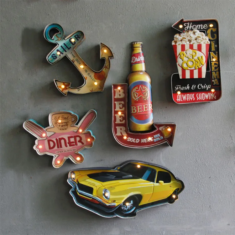 American Retro Iron Wall Decor, LED Wall‑Mount Ornament, Creative Hanging Decoration for Bar Cafe Internet Cafe Home Art