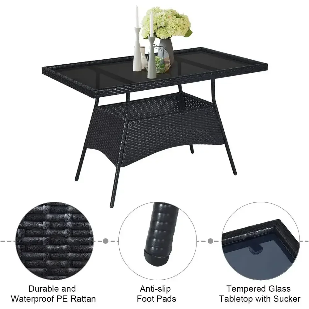 5-Piece Outdoor Wicker Dining Set with Tempered Glass and Cushioned Chairs (Black)