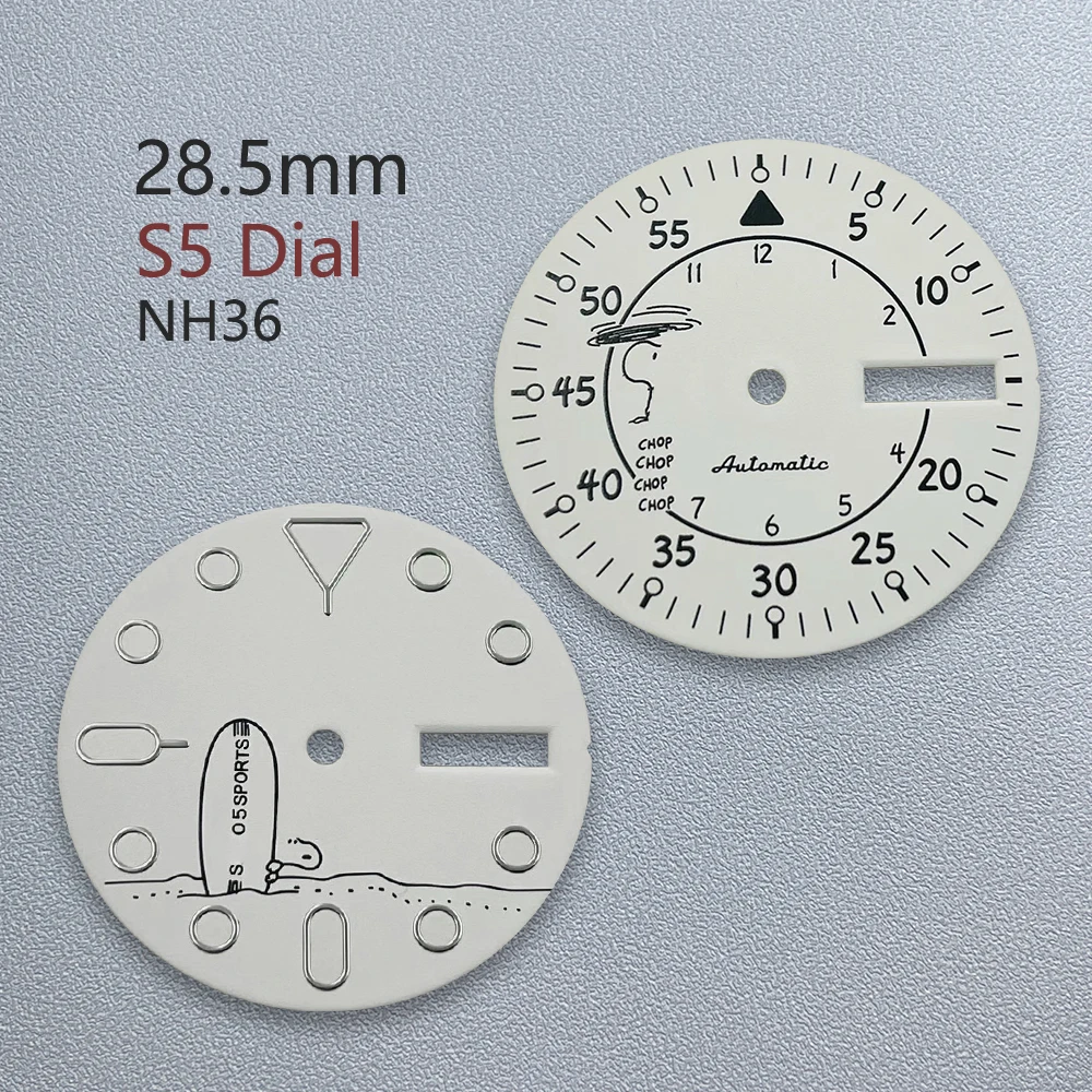 

28.5mm S5 Logo Cartoon Dog Dial Fit NH36/4R36 Movement Green Luminous White Dial Watch Modification Accessories