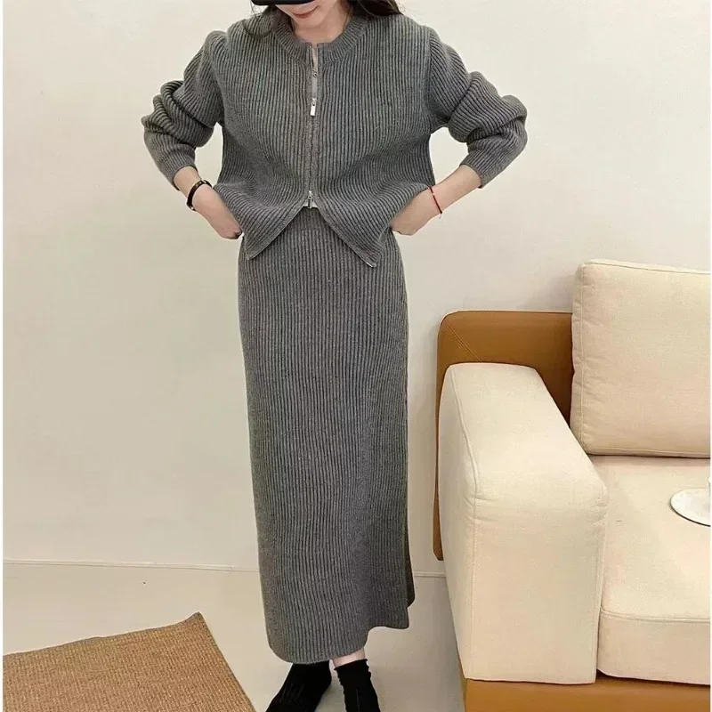 Fashionable Women\'s Double Zipper Woolen Dress Two-piece Set Casual Loose Autumn and Winter New Half Skirt Knitted Cardigan