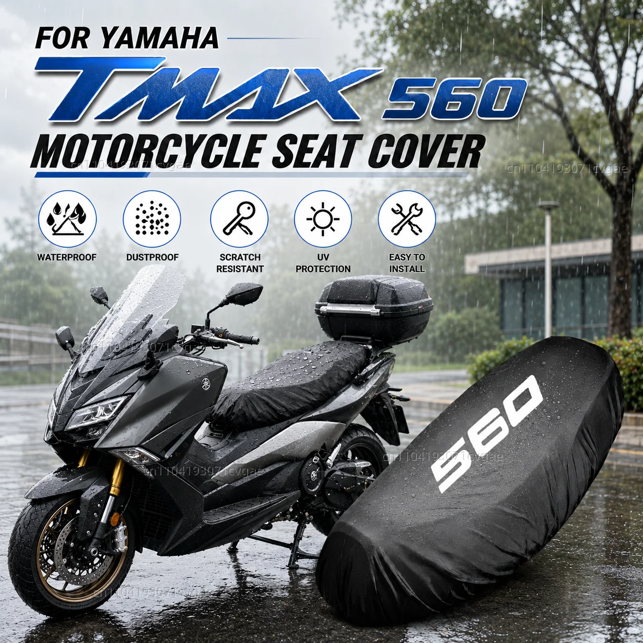 Funda Impermeable para Asiento de Motocicleta YAMAHA TMAX 560 530 TECH MAX T-MAX Tmax530 dx sx Tmax560, Funda Protectora para Sillín Negra 210D UV Pr