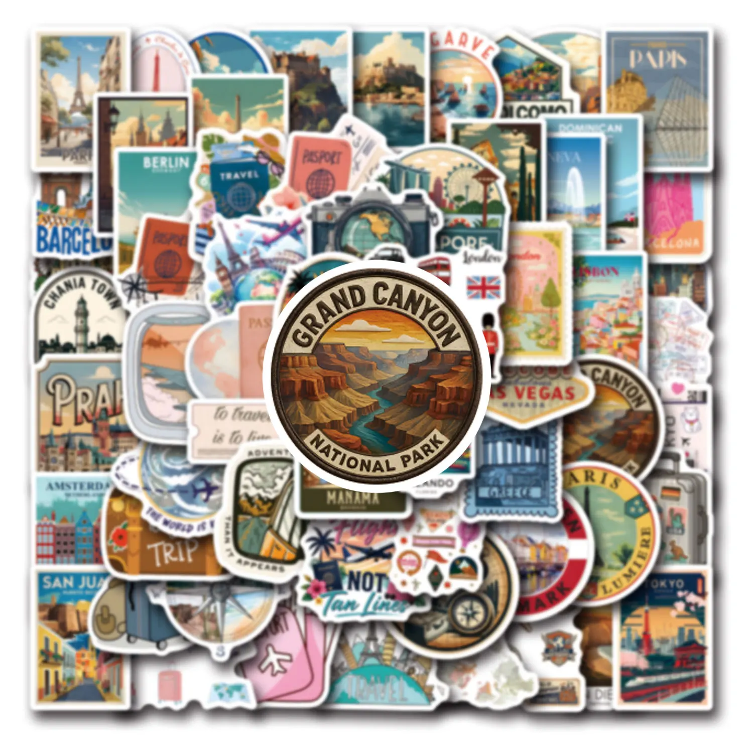 60PCS Vintage Travel City Landmark Stickers World Famous Tourist Scenery Decals for Laptop Suitcase Water Bottle Scrapbook DIY