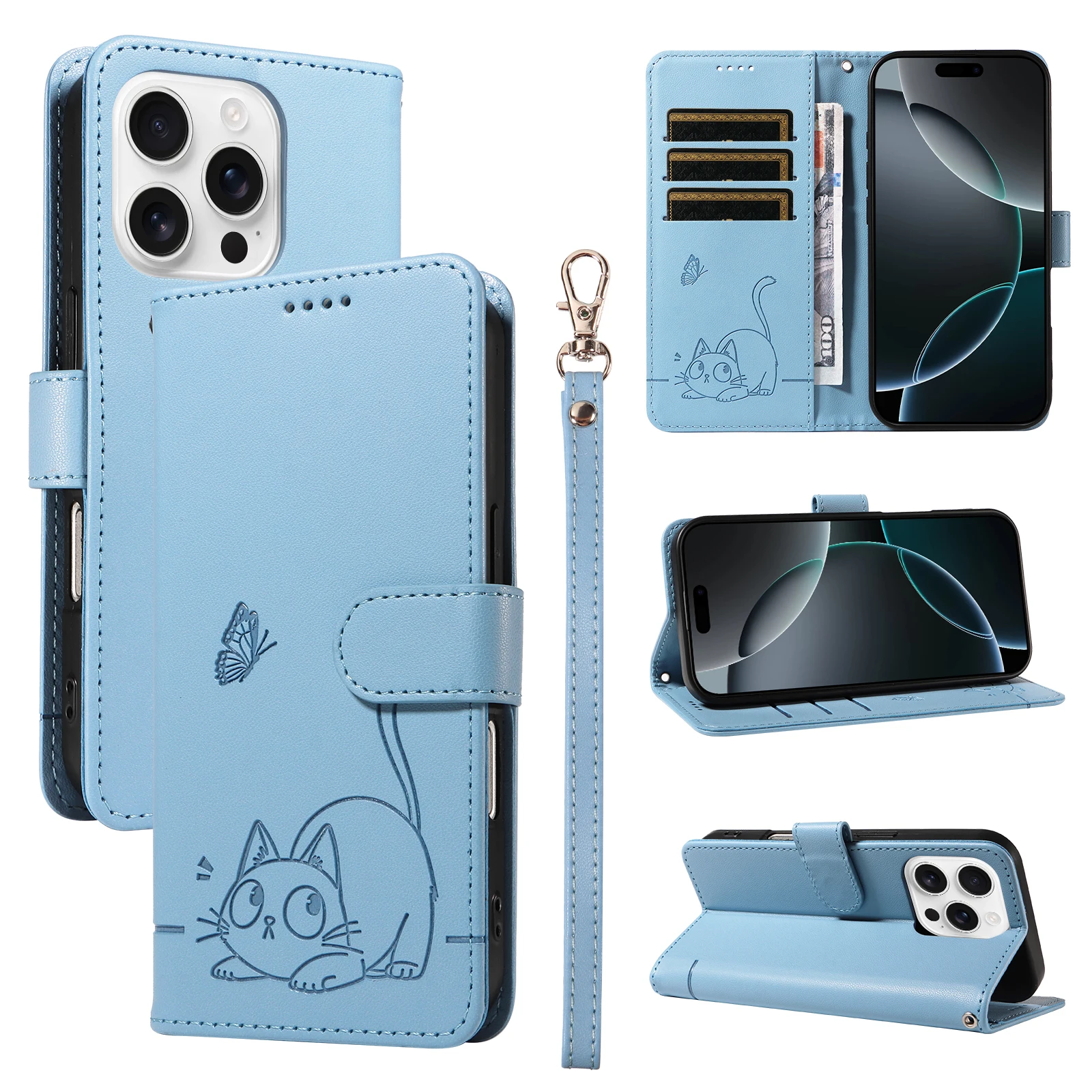 

Leather Phone Case With Built-in Card Slot And Hanging Rope For Easy Carrying Featuring Cat And Butterfly Prints For iPhone14 15