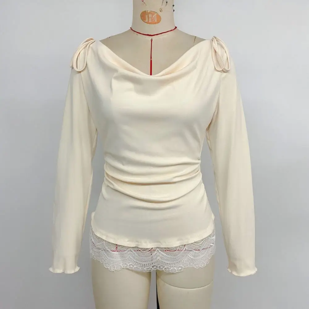 Womens Sexy Slim Long Sleeve Pullover Autumn Winter Solid Color Lace Trim Fashionable Casual Elegant Soft Streetwear Knit Blouse