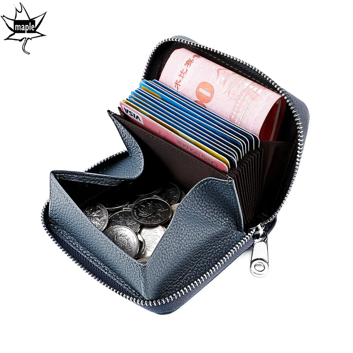 Fashion 100% Cow Leather Business Card Holder with Coin Cash Storage Pouch Blue Wallet Lychee Pattern Slim Credit Card Case