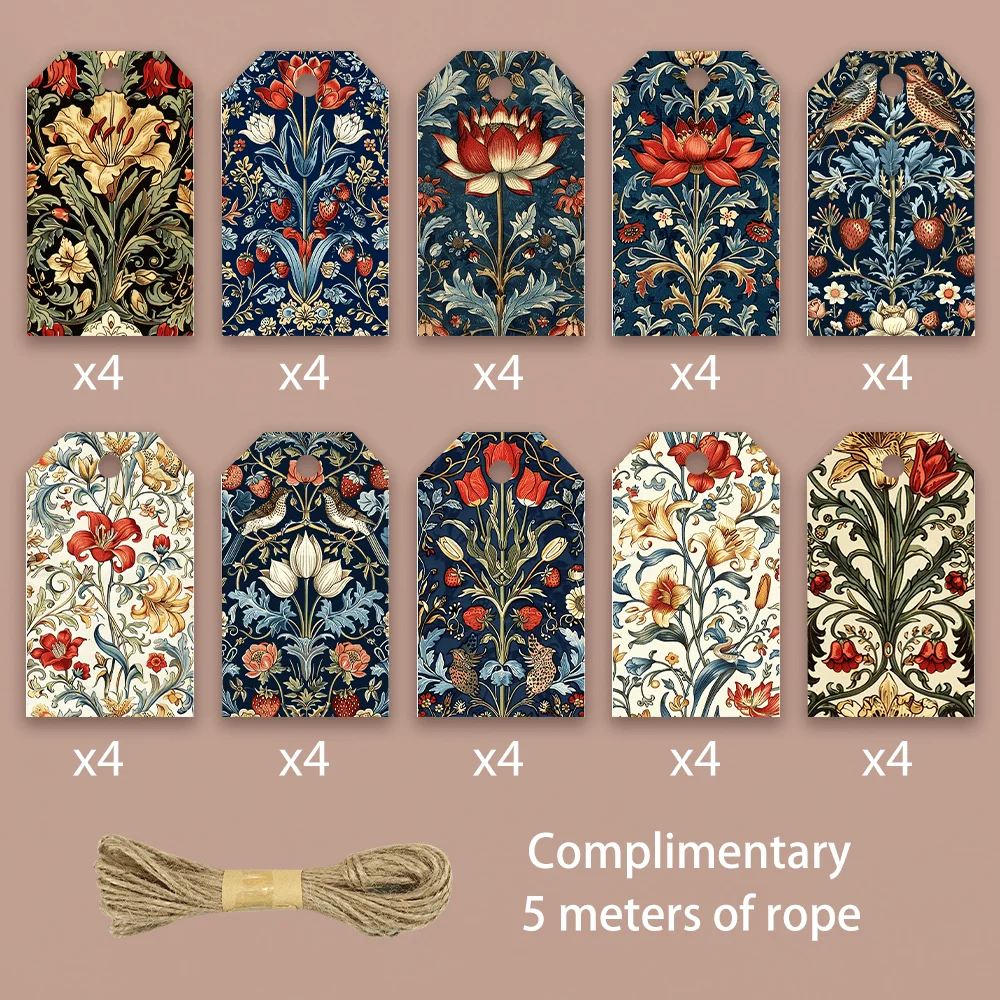 40pcs, Gift Tags, William Morris Floral Pattern, Hanging Paper Labels for Gift Wrapping, Holiday Party Decor with String